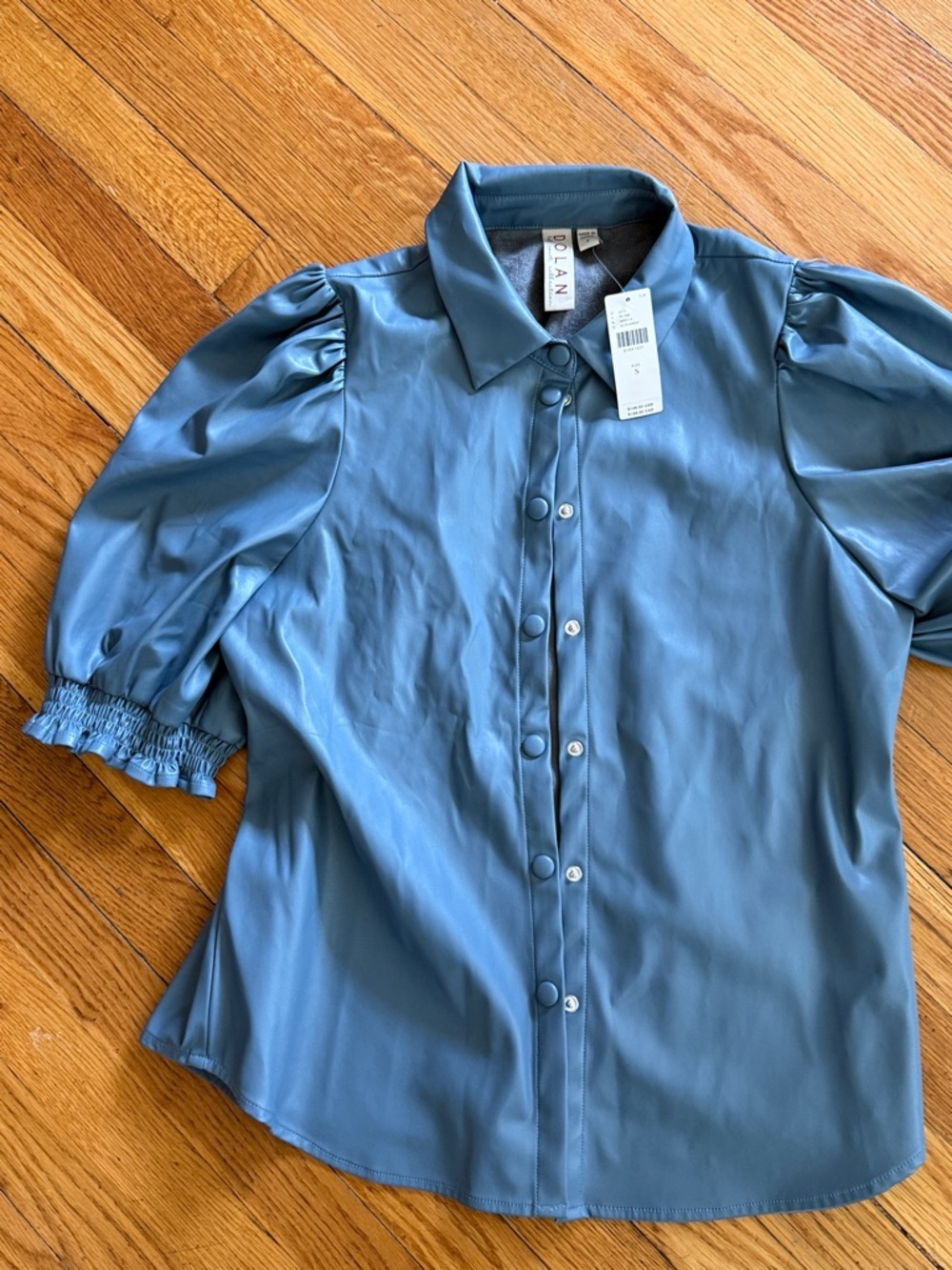 NWT Anthropologie Dolan left coast Puff Sleeve Faux Leather Blouse blue Size S - Picture 2 of 5